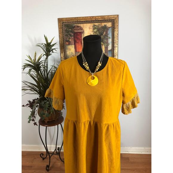 Roolee Dress Women Large Yellow Lace Sleeve Midi Modest Boho Casual Lined - Picture 2 of 12
